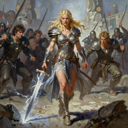 A mixed media painting of the beautiful blonde viking goddess of war with a sword of lightning walking away into battle, very aesthetic, detailed face, by Frank Frazetta, Greg Rutkowski, Boris Vallejo, Beeple, Yoko Taro, Christian MacNevin, epic fantasy character art, goddess of anger, viking runes, elven, high fantasy, CGsociety, full length, exquisite detail, post-processing, low angle, masterpiece, cinematic, odin's stone arena background