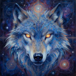 scifi astral wolf painting of abstract surrealist forms by yvonne mcgillivray by mandy jurgens by michael divine, powerful eyes glowing highly detailed painting, spiritual abstract forms, symmetrical, trending on art station, abstract emotional, very beautiful, fantasy digital art, highly detailed patterned visionary art, magic symbols, by michael divine, cosmic nebula