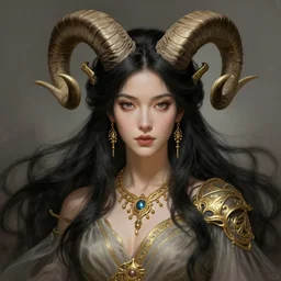 a beautiful woman with long black hair, big symmetrical natural ram horns on her head, flowing dress, gold jewellery, dnd, face, fantasy, intricate, elegant, highly detailed, digital painting, artstation, concept art, smooth, sharp focus, illustration, art by artgerm and greg rutkowski and alphonse mucha