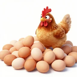 a massive pile of chicken eggs near a very confused chicken, concept art, illustrated, highly detailed, high quality, bright colors, optimistic,