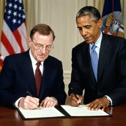 Walter White and Barack Obama signing an agreement, 1967 photo