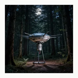 teleportation machine in a dark forest, with trees towering around it and shadows cast by the moonlight
