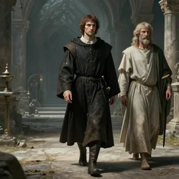 dante alighieri and the poet virgil walking through limbo in the style of dark souls