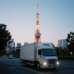 raw film footage of a semi truck driving toward a tokyo skyline at 9 pm