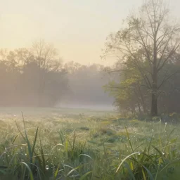 morning dawn. volumetric lighting, spring early morning, dew, nice weather, realistic illustration, perfectly shaded, soft painting, art by krenz cushart and wenjun lin