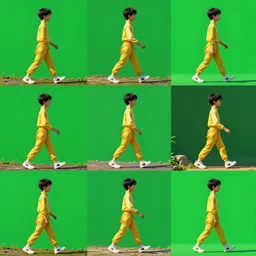 A collection of animation frames in one image for a walking teenager, yellow costume, realism, green screen