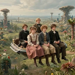 35mm still from a sci fi blockbuster movie made in 2022, set in 1860, of a family of four sitting on an flying platform, on an alien planet, flying over the alien landscape that is full of strange wild alien plants and flowers, family are wearing 1850s era clothes, good lighting, 8k, in focus faces, good quality photography, oscar winner