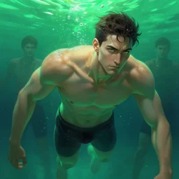 cyberpunk male swimmer, underwater background, digital painting, green neon light, detailed, highly detailed, smooth, sharp focus, illustration by ruan jia and mandy jurgens and william - adolphe bouguereau, artgerm