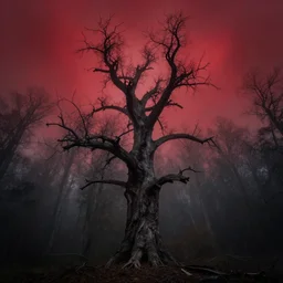 A very large, scary, dead tree in front of a spooky forest, sky is red and the weather is foggy