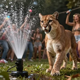 a beautiful humanoid puma partying together with a humanoid water sprinkler, highly detailed, octane render, k, cinematic, high detail, unreal engine, 8 k, high contrast, golden ratio, trending on cgsociety