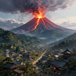 a powerful japanese village high in mountains, fanart artstation global illumination rtx hdr fanart arstation 3 d, volcano spitting lava, concept art by greg rutkowski and laurie greasley, fantastic landscape, 8 k, cinematic color grading