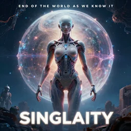 Transhumanist propaganda poster for the end of the world as we know it, artificial life, singularity, 8k, trending on artstation, masterpiece, highly detailed, establishing shot, in the style of DiscoDiffusion.