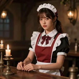 young attractive beautiful bar maid in a medieval tavern at night with candles, wow 4 k detail fantasy, matte painting, realistic materials, photo realistic, postprocessing, cinematic, hyperrealistic, studio lighting, photography by richard jenkins