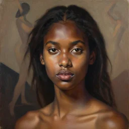 detailed portrait in femininity, realistic face sculpted features, ethnic, exotic, melanin, deep clear eyes, statuesque, warm glowing skin, wild hair, chiaroscuro, tangible, angular impressionism, mocha, ambient, arabesque backdrop, contemporary, modern fashion, natural colors, oil on canvas