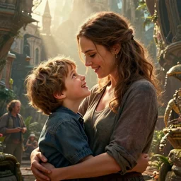 epic hyperrealism cinematic masterpiece where a mother appears with her happy son. realistic poster with shaded lighting by craig mallismo, artgerm, jeremy lipkin and michael garmash, unreal engine, radiant light, detailed and complex environment, digital art, art station trends
