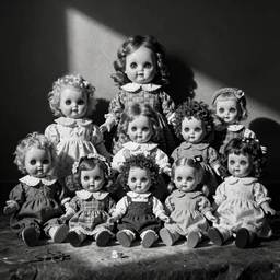 creepy doll collection, black and white vintage photo