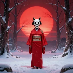 a full body geisha with a cat skull for a head, wearing a red kimono, standing in center of the snow surrounded by magical trees with a massive red sun setting on the horizon cinematic octane render 8 k trending on artstation