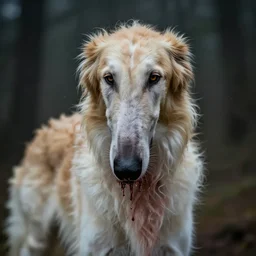 borzoi with a giger face hugger on its nose, photorealistic, fantasy, moody, bloody, ultra detailed
