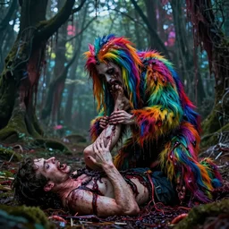 a portrait of a beautiful colorful ( flesh - eating ) tsikalawa covered in raindow fur, eating the leg of a screaming man, ground covered in maggots, in a kaleidoscope forest with melting trees, schizophrenic hallucination, fear, morbid, nightmare, supernatural, 8 k, hd photography, highly detailed, chiaroscuro, terrifying