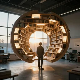 candid photo of sunrise futuristic floating cozy open - air design studio workshop : nodes designed by jony ive ( glowing panels arranged into vast explorable bookshelves ) scale model floating in midair in front of me : brilliant daylight vr os ux, leica 8 k still from an a 2 4 film