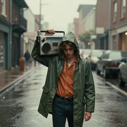 a guy holding up a boombox in a lonely street, heavy rain, dressed in a raincoat, pinterest contest winner, american romanticism, fashion of the 1 9 8 0's, sadpeople aesthetic, retro