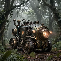 magnificent mechanical steampunk vehicle with (((glowing))) lights abandoned in lush forest with vines hanging from tree branches, fog, desaturated, beautiful, creepy ambiance, 4k, sharp focus, highly detailed, artgerm, giger