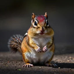 a dlsr canon shot of a cute colored furry chipmunk with rainbow fur full body, centralized, colored fur, vibrant colors, hdr, photorealistic, ultrareal, zeiss lens, depth of field