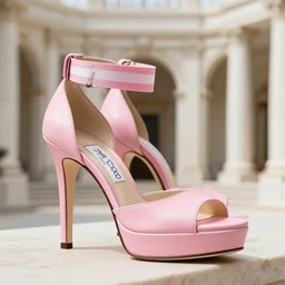 pink leather 1 5 cm high heel shoes with 7 cm platform with ribbon to the ankle stripe designed by jimmy choo, photorealistic, beautiful, architecture, clean, highly detailed, 8 k, ornate detail