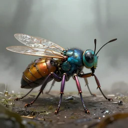 Macrophotography of a multicolored steampunk biomechanical insect, 3d, digital painting, foggy ambient