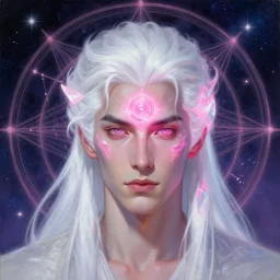 mage beautiful man with glowing white hair, crystal pink geometric energy third eye, sci - fi face, constellation geometry space mandal background, breathtaking stars, elegant, highly detailed, digital painting, artstation, concept art, smooth, sharp focus, spiritual art, art by artgerm and greg rutkowski and alphonse mucha, psychedelic, illustration, painting oil, portrait, concept