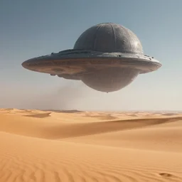 Wide long shot epic desert scenery, on the distant horizon hovers a colossal ornately detailed futuristic spherical dark spaceship with air shimmering around it, sharp focus, illustration, bokeh art by artgerm and donato giancola and Joseph Christian Leyendecker