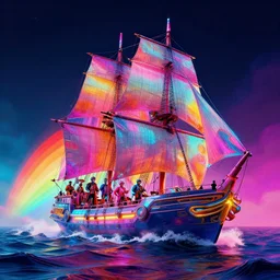 futuristic sailing ship on rough rainbow waves, dramatic bright neon colors, highly detailed, cinematic, synthwave, robert morello, vladimir kush, chris foss, roger dean, michael whelan, lisa frank, bob eggleton, alfred kelsner, kubrick, wojtek suidmak