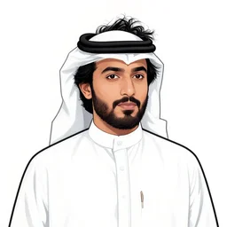 character portrait of a cool arab saudi bearded man wearing thobe, messy hair highly detailed, stylized, medium shot, vector line art