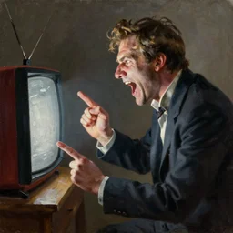 portrait of rich evans yelling at a tv, oil on canvas by william sidney mount, trending on artstation
