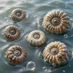 bubbles in cresting oil slick waves, ammonites, art nouveau, organic rippling spirals, photorealistic hyperdetailed ultrasharp octane render, patina copper art forms from nature by ernst haeckel