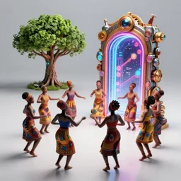 african women dancing around a glowing, energized, steampunk neon portal near the electric tree of life in a lightning storm, by greg rutkowski. oil on canvas, afropunk!, detailed and intricate environment, radiant lighting. highly detailed. masterpiece