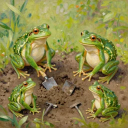 beautiful impressionist painting of frogs gardening, use gardening tools
