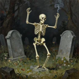 hyperrealistic oil on wood painting of a skeleton smoking and dancing on a grave tomb crypt 8 k detail hyperrealism by arnold bocklin