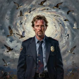 matthew mcconaughey as rust cohle from true detective. police detective in a messy suit. world weary, horror, gloomy. spirals of birds in the sky. oil painting elegant, highly detailed, centered, digital painting, artstation, concept art, smooth, sharp focus, illustration, artgerm, tomasz alen kopera, peter mohrbacher, donato giancola, joseph christian leyendecker, zdzisław beksinski, drew struzan