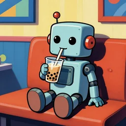 a cute robot sitting on a coach, drinking boba milk tea! style of memphis group, 1 9 8 0 s, bold, kitch, colorful, shapes!