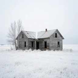 abandoned house in white on grassland