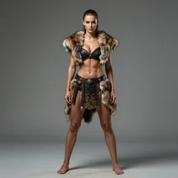 full body portrait, thin but strong viking samurai woman, open fur vest, 6 pack, symmetrical beautiful face, relaxed pose,