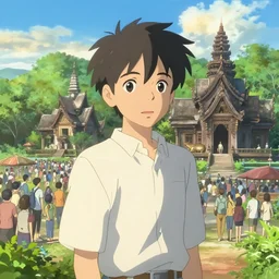 a matte of sukhothai in the sunny day, lovely, high quality realistic human, crowded landscape, japanese anime, hyper realistic, volumetric lighting, art by makoto shinkai