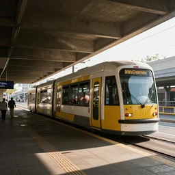 A tram entering a McDonald's drive-through