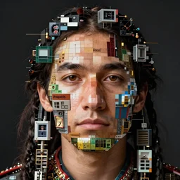portrait photo of a man with Iroquois made from video card parts pixels and voxels and computers, Perfect face, extremely high details, realistic, by Giuseppe Arcimboldo, Edward Hopper, Rene Margitte