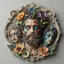 zombie, punk rock, young male, bearded, multicolored faces, fruit and flowers, gemstone eyes, botanical, vanitas, sculptural, baroque, rococo, intricate detail, spiral, ornamental, kaleidoscopic, soft, elegant, beautiful