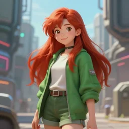 beautiful cute red haired eighteen year old young girl standing up, casual green clothing, long hair, cyberpunk city, cute cheerful face, rpg character, sci - fi, intricate, elegant, digital painting, artstation, concept art, smooth, 8 k frostbite 3 engine, ultra detailed, art by artgerm and greg rutkowski and magali villeneuve