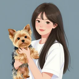 beautiful illustration of a youth woman holding a yorkshire