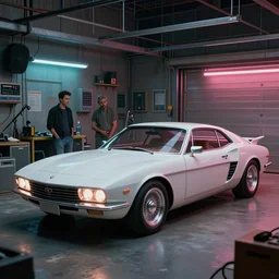 a cinematic matte painting of a sleek 1 9 6 0 s vaporwave retro - futurism sci - fi car in a cluttered garage in mumbai. by eric lafforgue, glennray tutor and edward hopper, greg rutkowski. trending on artstation.