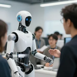 media pictures of a humanoid ai robot interacting with real humans for the first time
